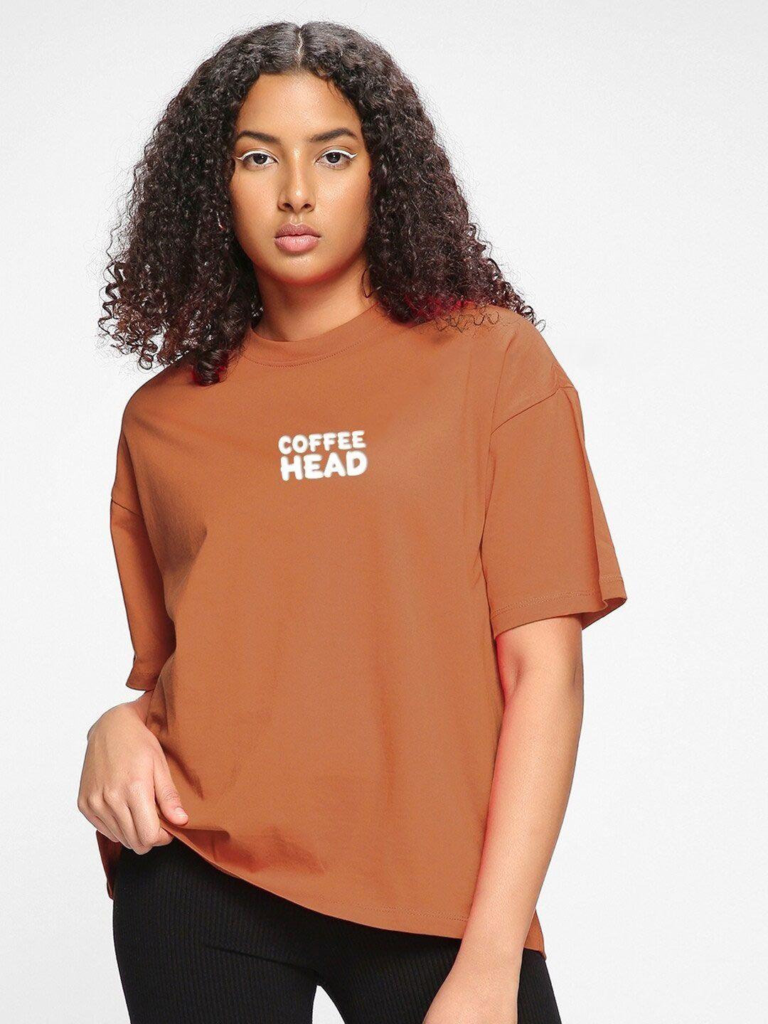 bewakoof brown & blue typography printed drop-shoulder sleeves cotton oversized t-shirt