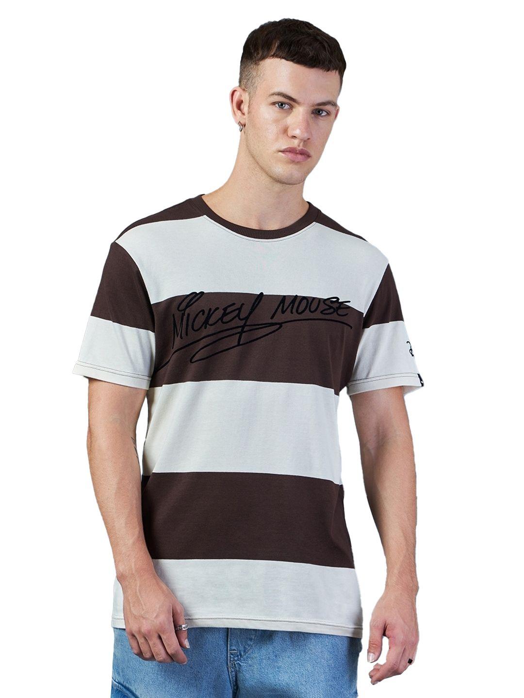 bewakoof brown mickey mouse print striped round neck cotton oversized t-shirt
