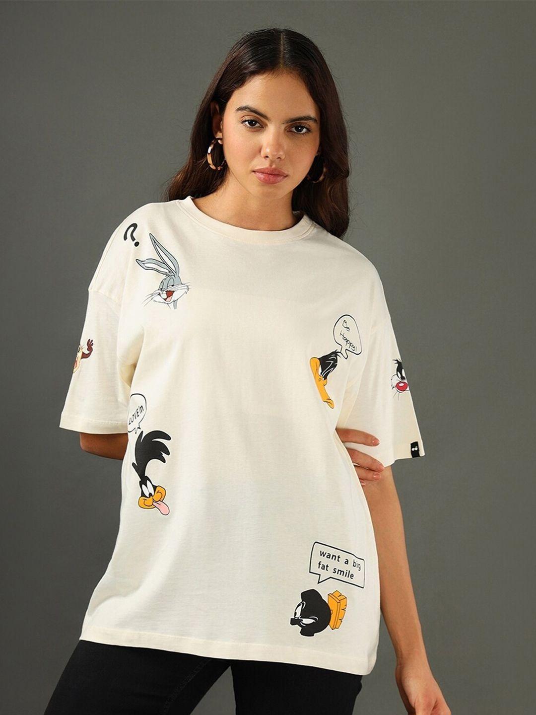 bewakoof conversational printed drop-shoulder sleeves cotton t-shirt