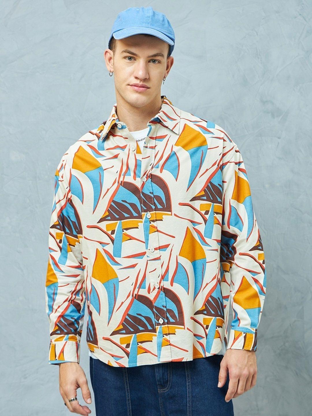 bewakoof cream-coloured oversized abstract printed spread collar cotton casual shirt