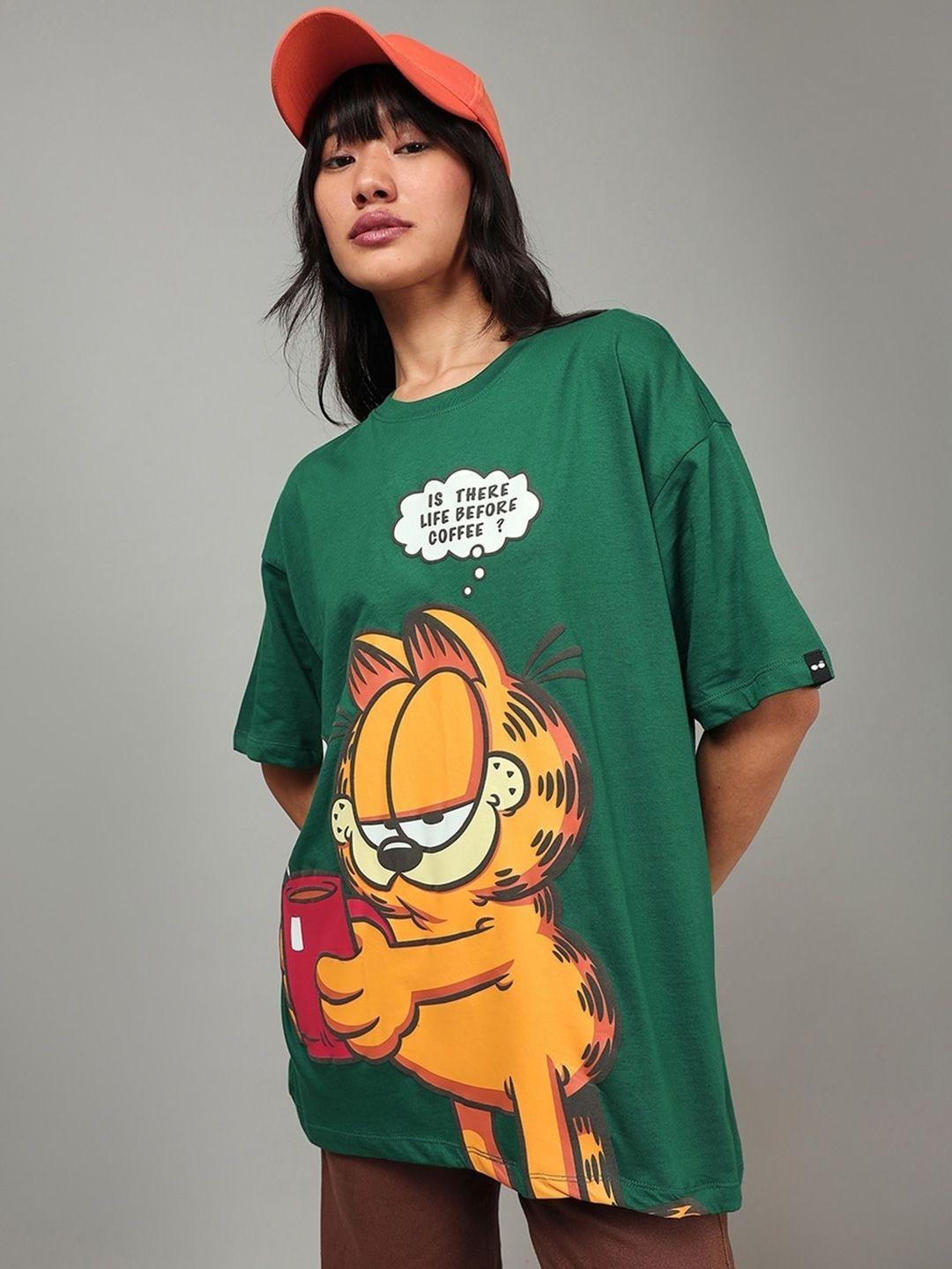 bewakoof garfield graphic printed drop-shoulder sleeves oversized pure cotton t-shirt