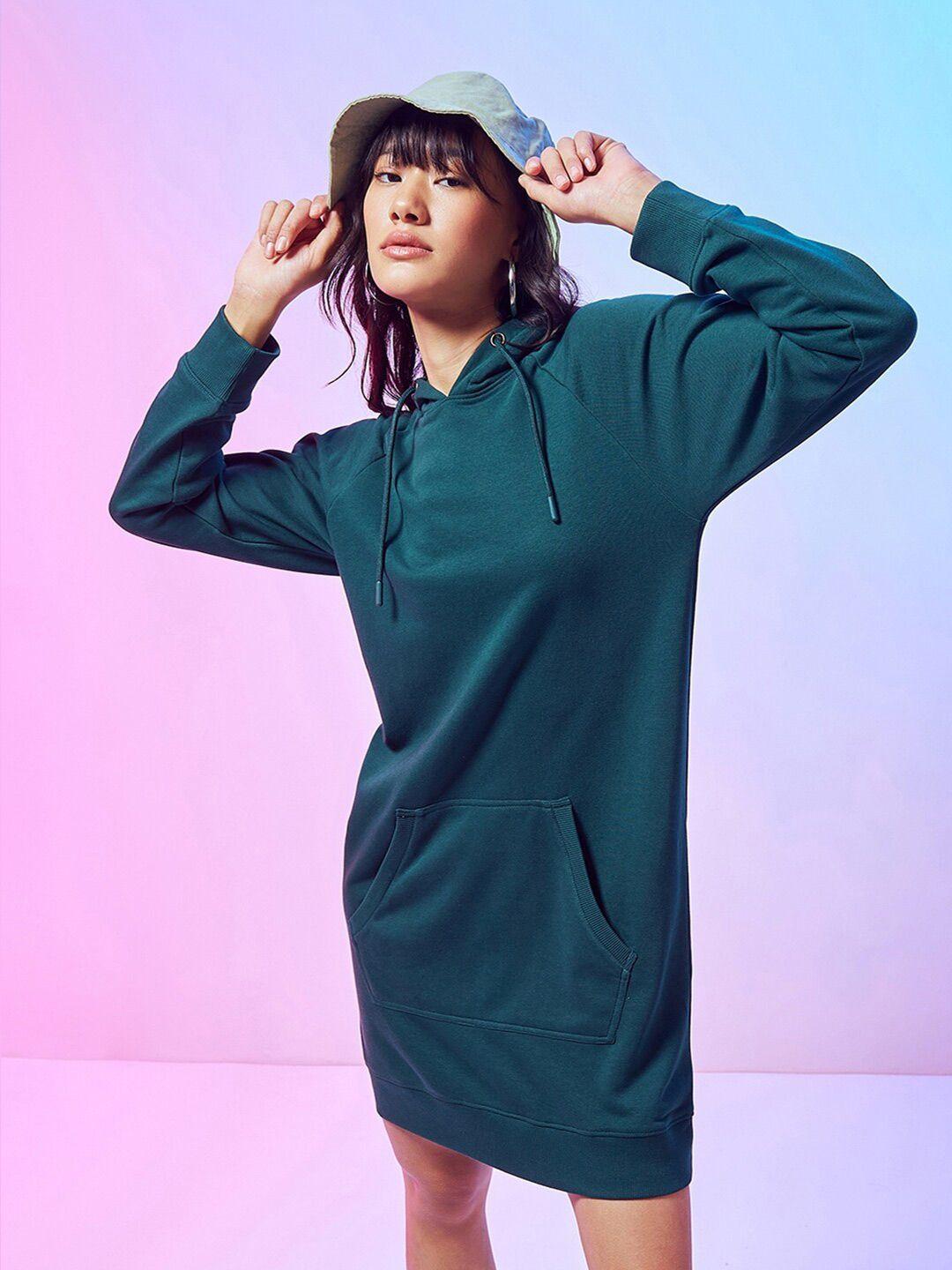 bewakoof green hooded drop-shoulder sleeves oversized t-shirt dress