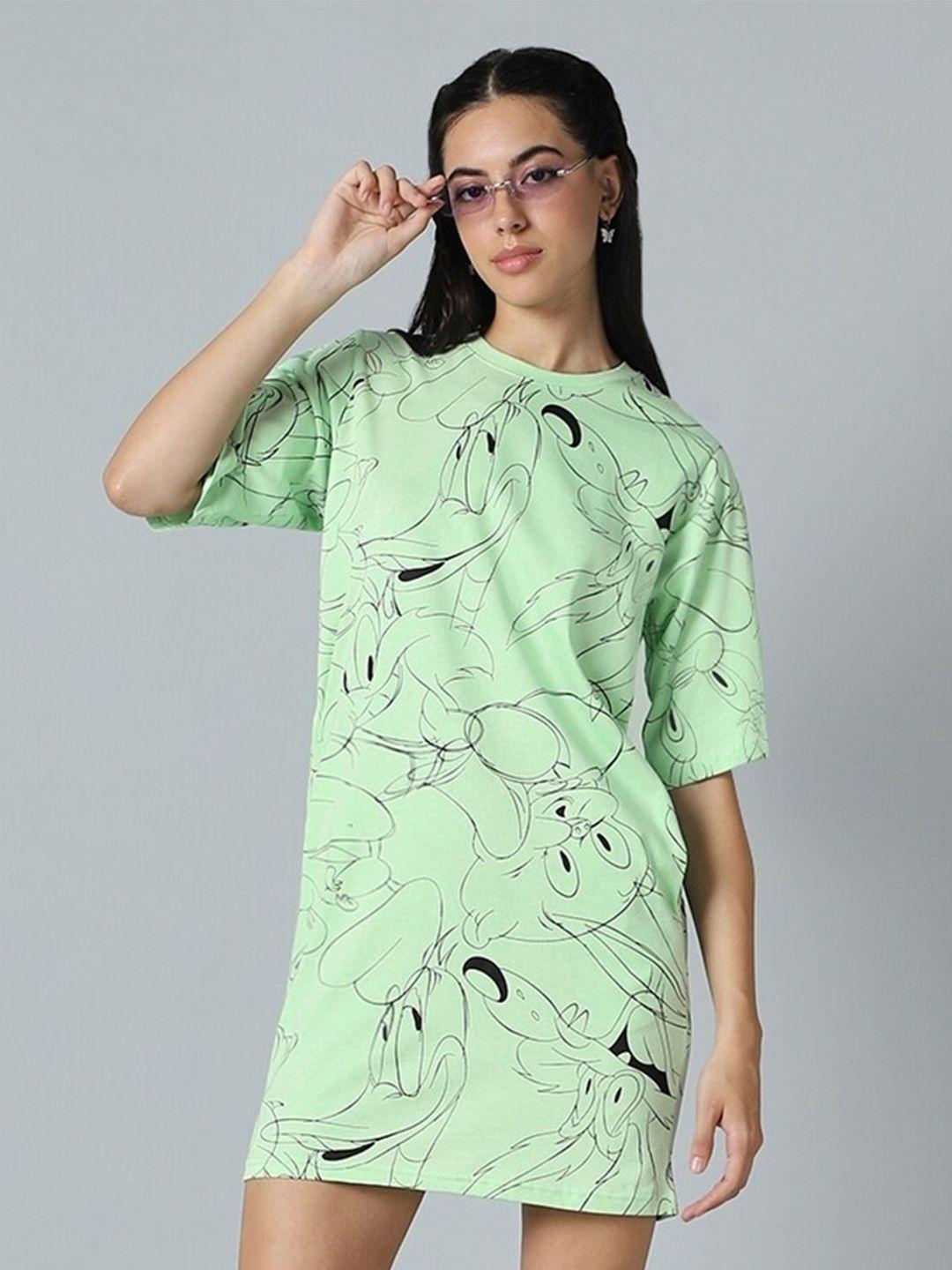 bewakoof green looney tunes printed round neck short sleeves cotton t-shirt dress