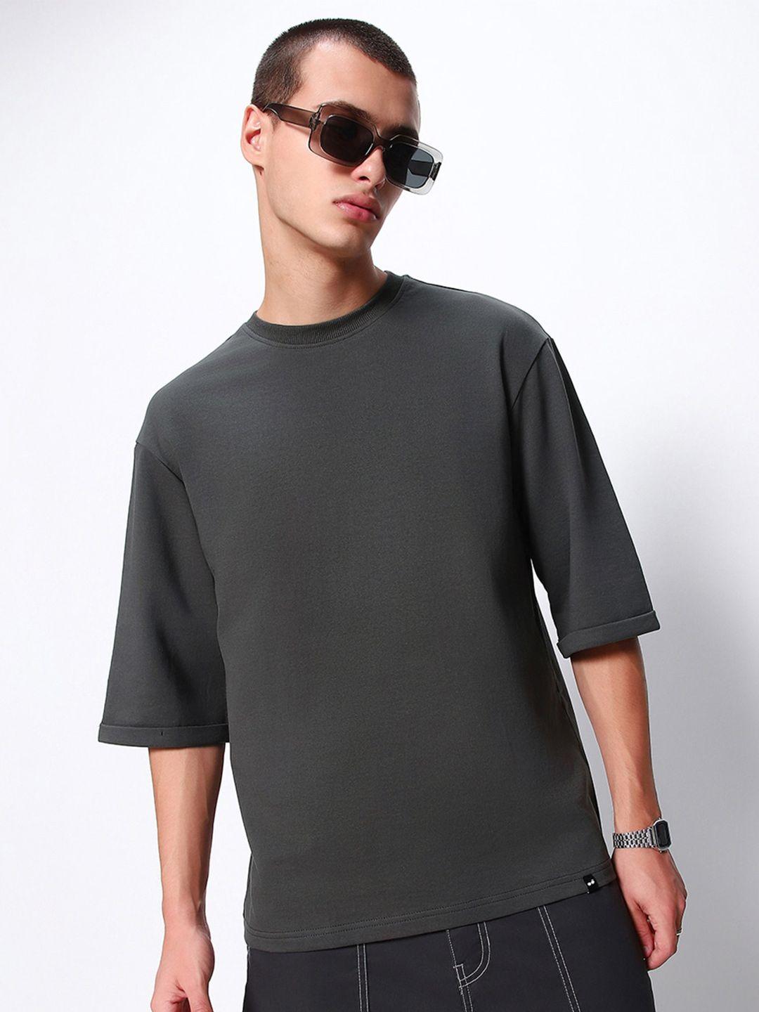 bewakoof grey drop-shoulder sleeves loose cotton t-shirt