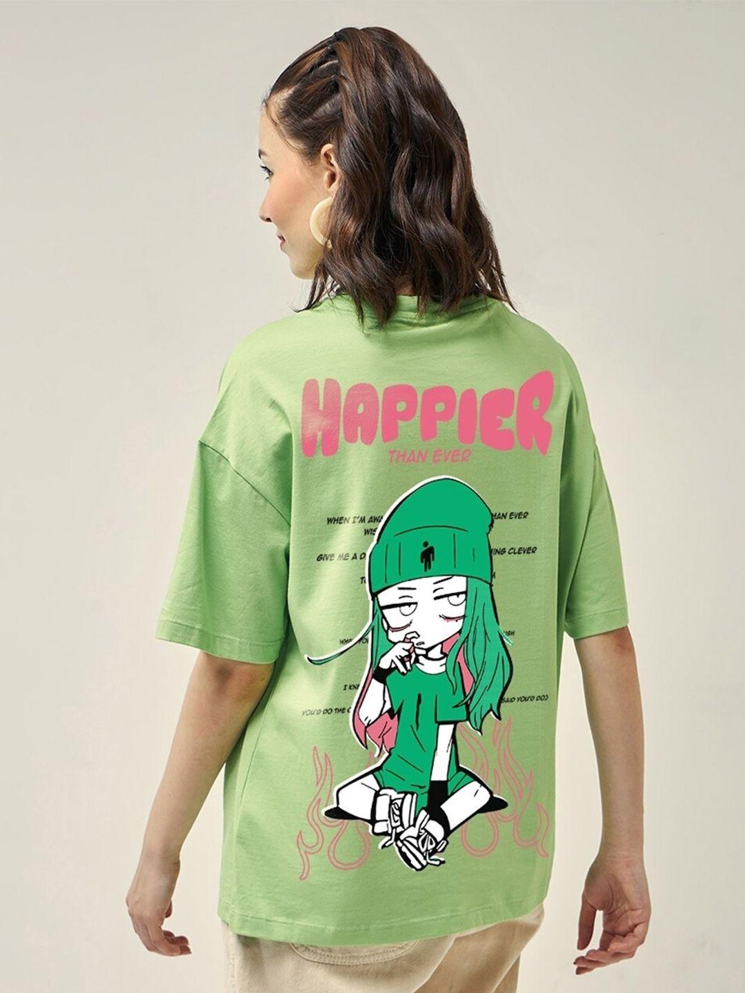 bewakoof happier graphic printed drop-shoulder sleeves oversized cotton t-shirt