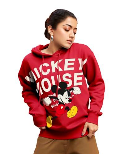 bewakoof heavy duty 1.0 official disney merchandise women's graphic print oversized fit full sleeve fleece hoodies red