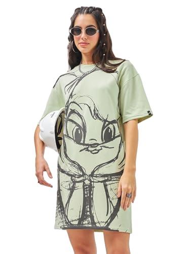 bewakoof heavy duty 1.0 official looney tunes merchandise women's printed oversized fit half sleeve round neck poly cotton t-shirt dress 603346 green xl