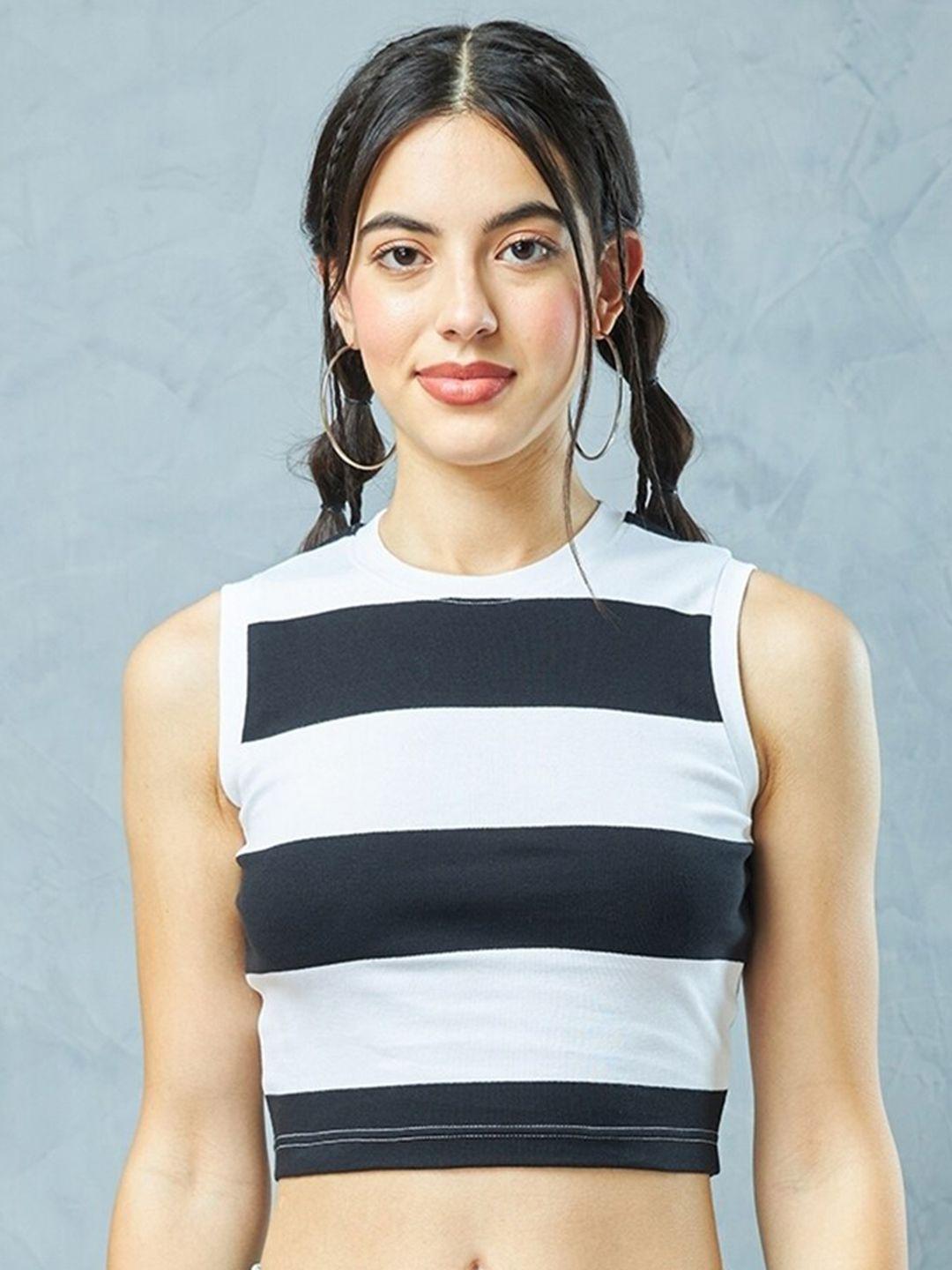 bewakoof horizontal striped sleeveless pure cotton fitted crop top