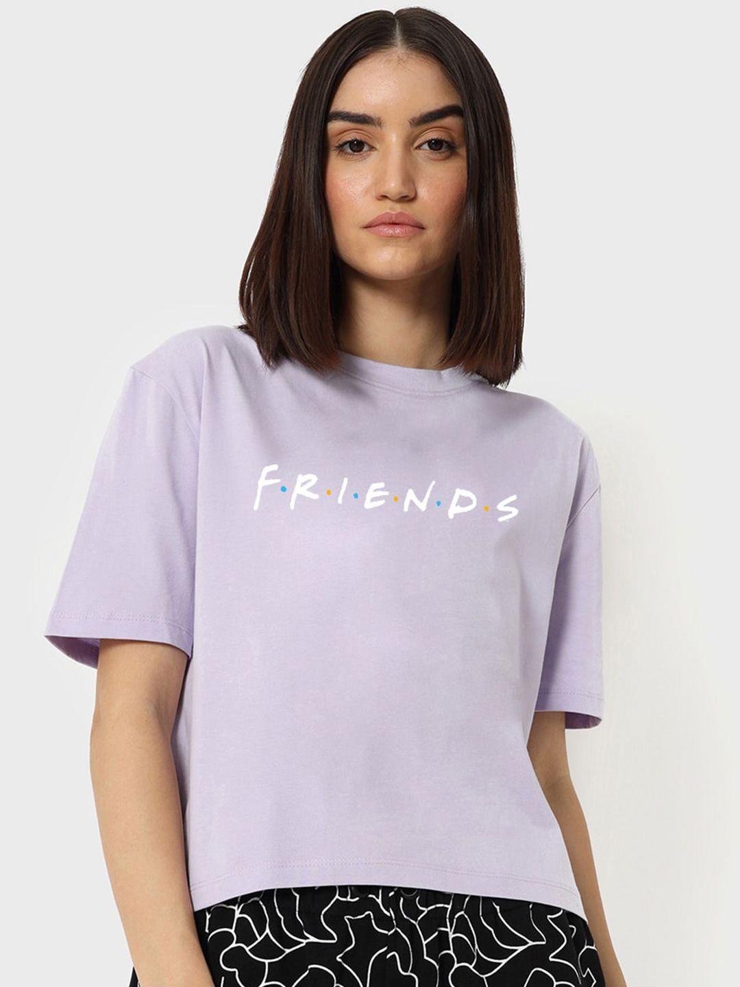 bewakoof lavender typography printed drop-shoulder sleeves pure cotton oversized t-shirt