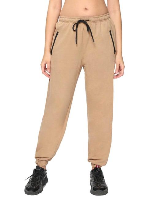 bewakoof light brown cotton relaxed fit mid rise joggers