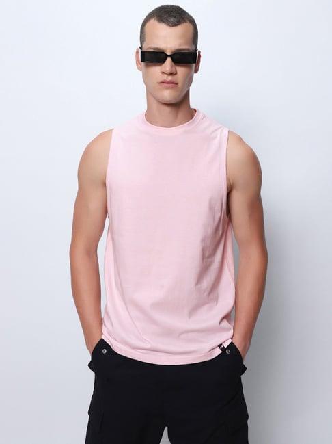 bewakoof light pink loose fit cotton oversized sleeveless t-shirt