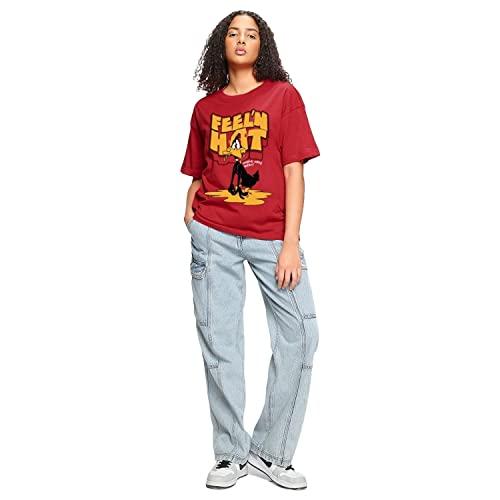 bewakoof looney tunes x merchandise women's feel'n hot graphic print cotton t-shirt- oversized fit, round neck, half sleeves 582327_red_l