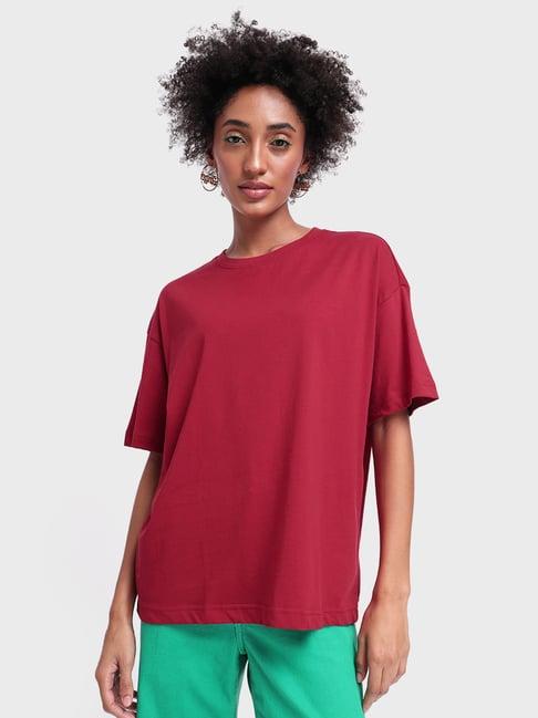 bewakoof maroon cotton crew t-shirt