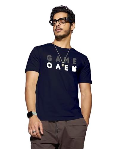 bewakoof men's game over printed 100% cotton t-shirt - regular fit, round neck, half sleeves blue