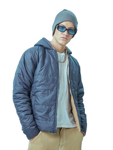 bewakoof men's solid oversized full sleeve hooded nylon plus size jacket_596399_blue_5xl