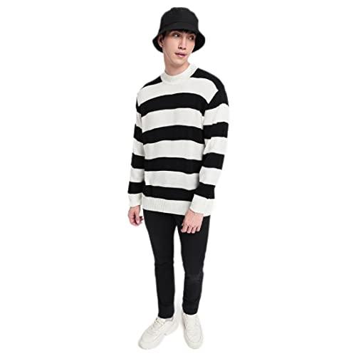 bewakoof men's striped black mock neck full sleeve oversized sweater