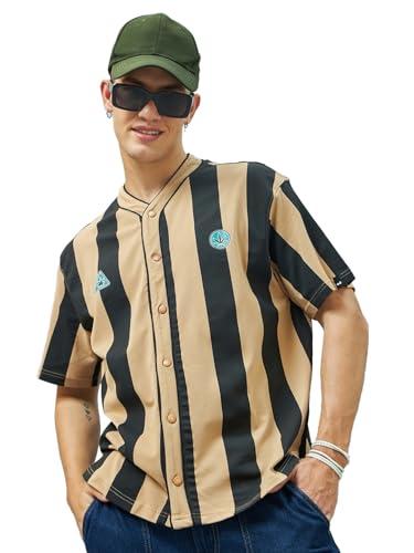 bewakoof men's striped oversized half sleeve round neck pique shirt_597318_brown_xl