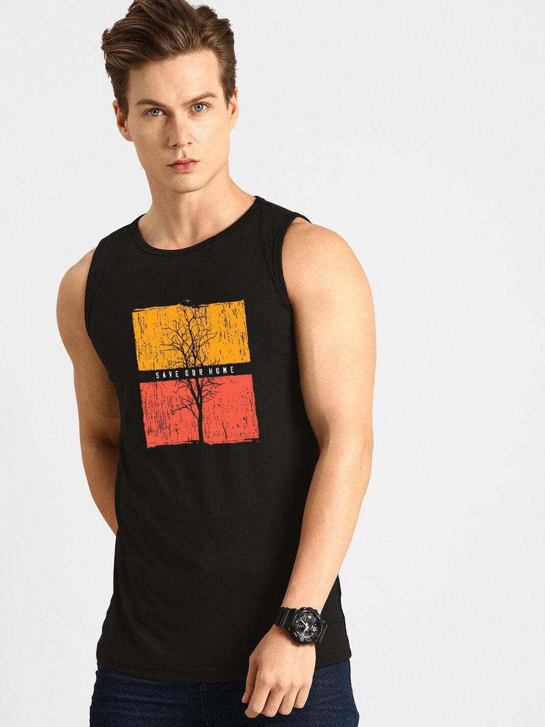 bewakoof men black & orange save our home printed cotton innerwear vests