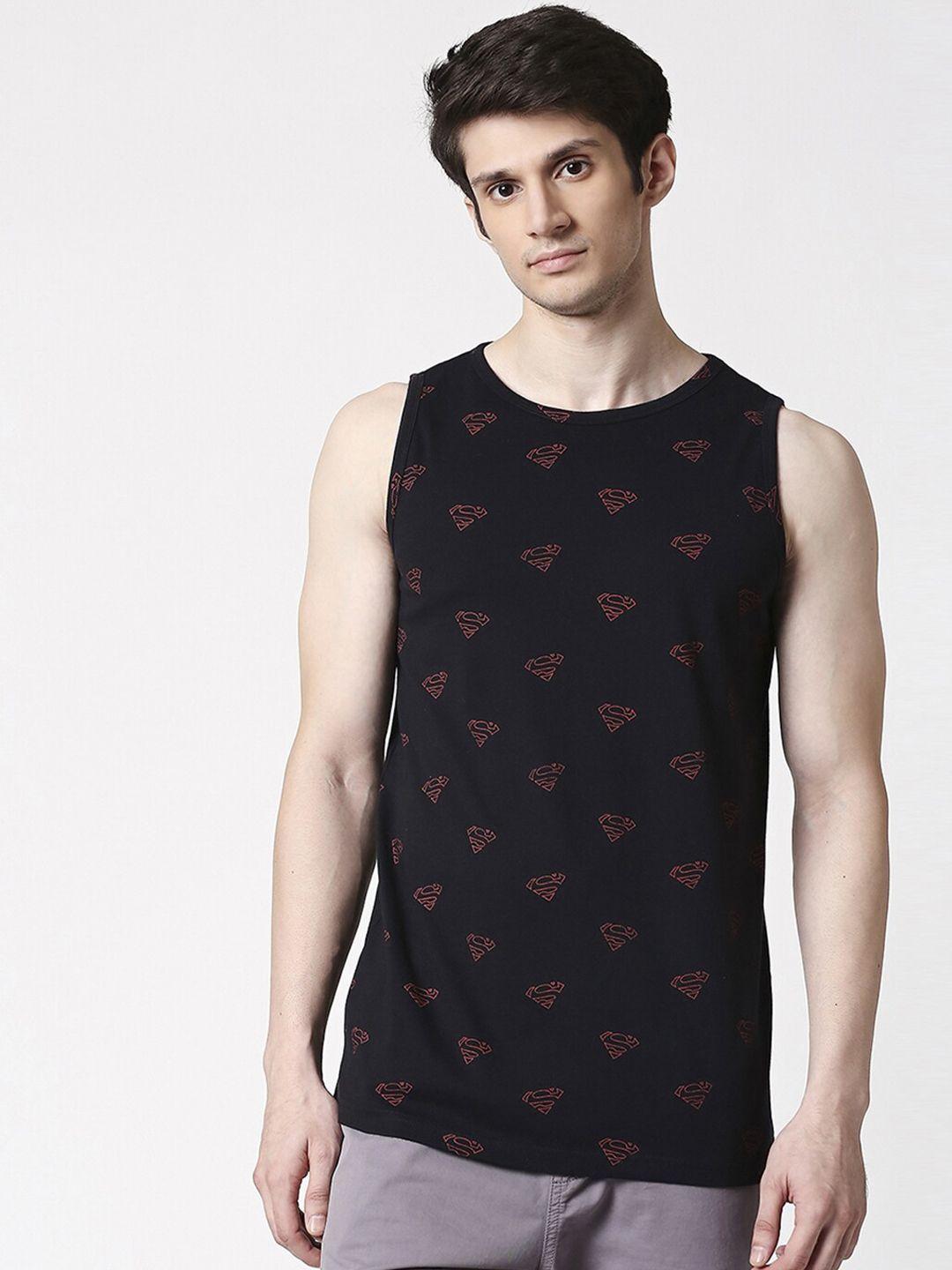 bewakoof men black & pink superman minimal printed cotton innerwear gym vest