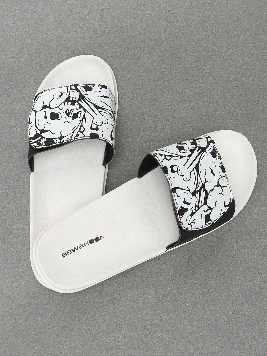 bewakoof men black & white grunge skull printed rubber sliders with velcro