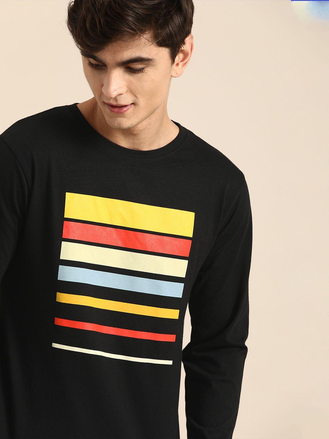 bewakoof men black  yellow striped round neck pure cotton t-shirt