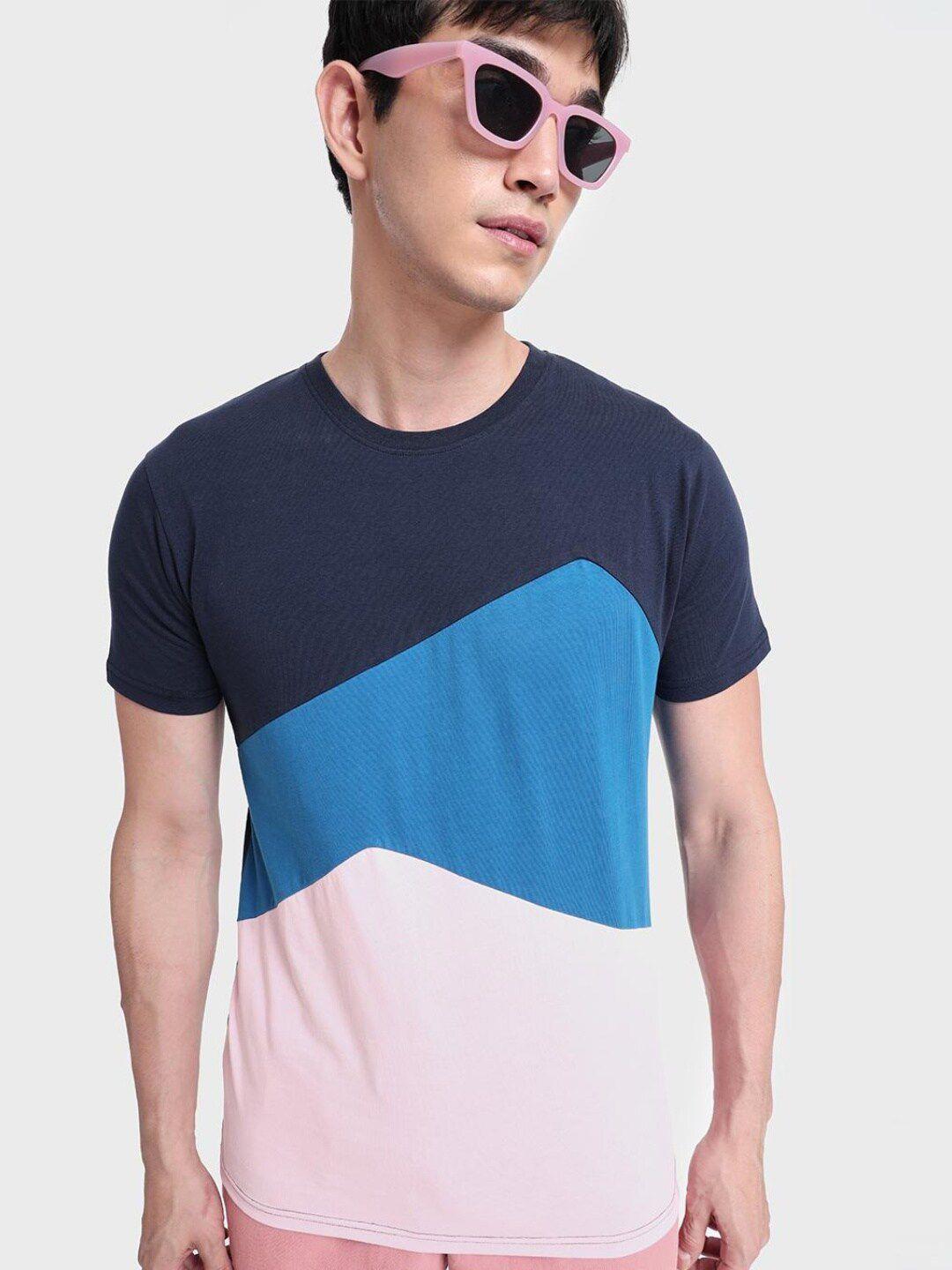 bewakoof men blue & navy blue colourblocked t-shirt