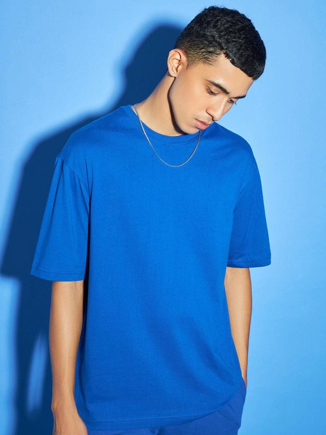 bewakoof men blue drop-shoulder sleeves pure cotton loose t-shirt