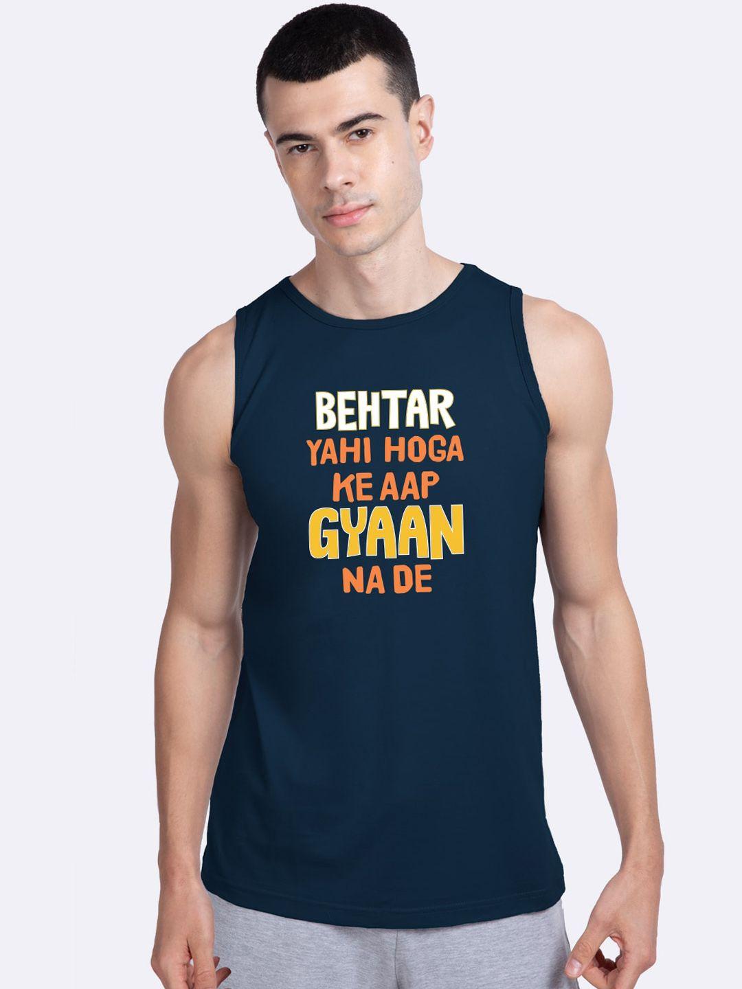 bewakoof men navy blue & yellow printed cotton gym vest