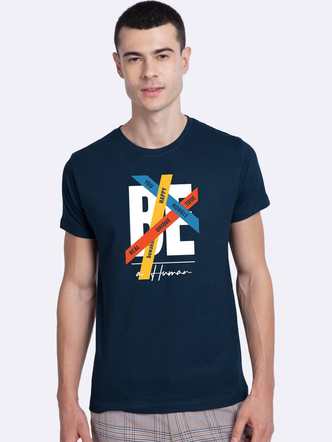 bewakoof men navy blue be a human printed pure cotton t-shirt