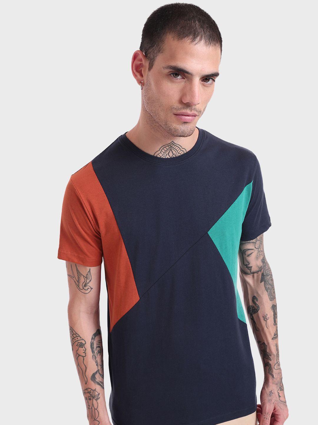 bewakoof men navy cotton colourblocked t-shirt