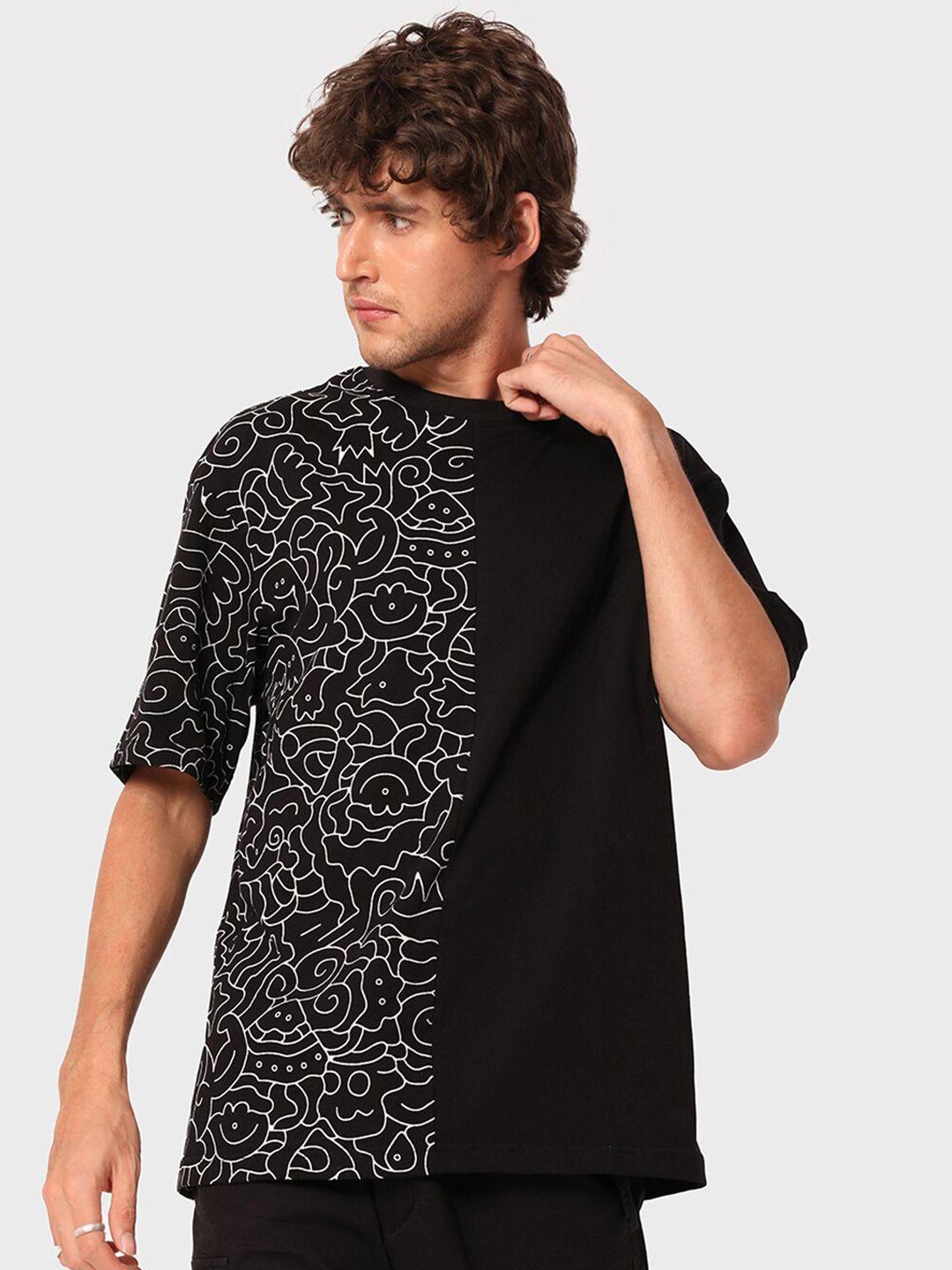 bewakoof men oversized fit half n half printed t-shirt