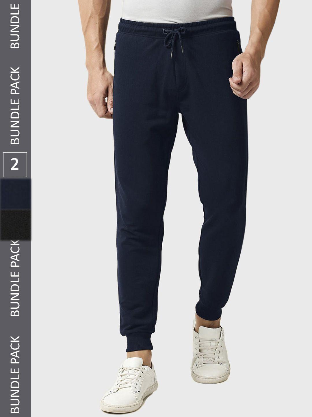 bewakoof men pack of 2 navy blue & black mid rise regular fit joggers