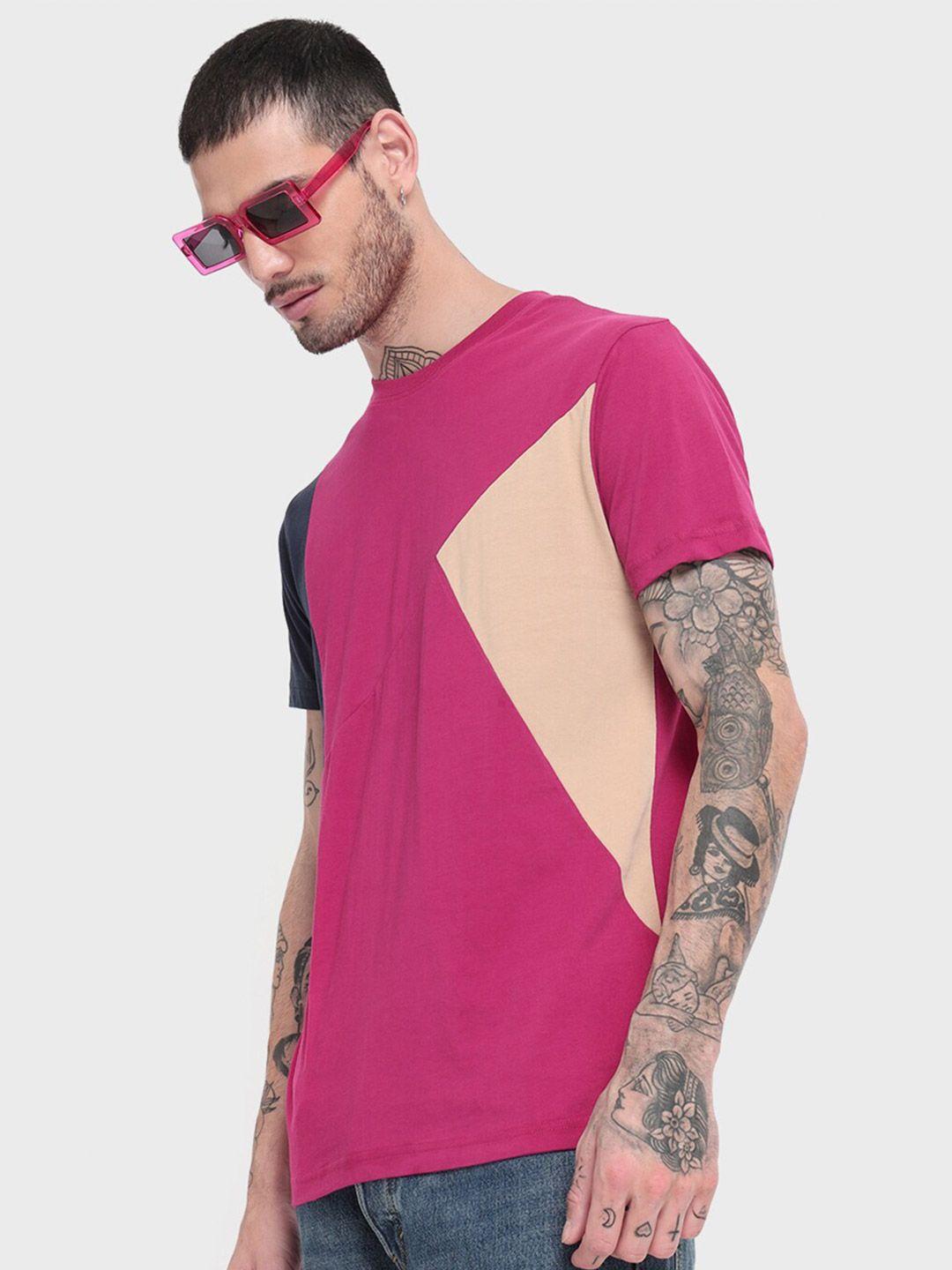 bewakoof men pink colourblocked t-shirt