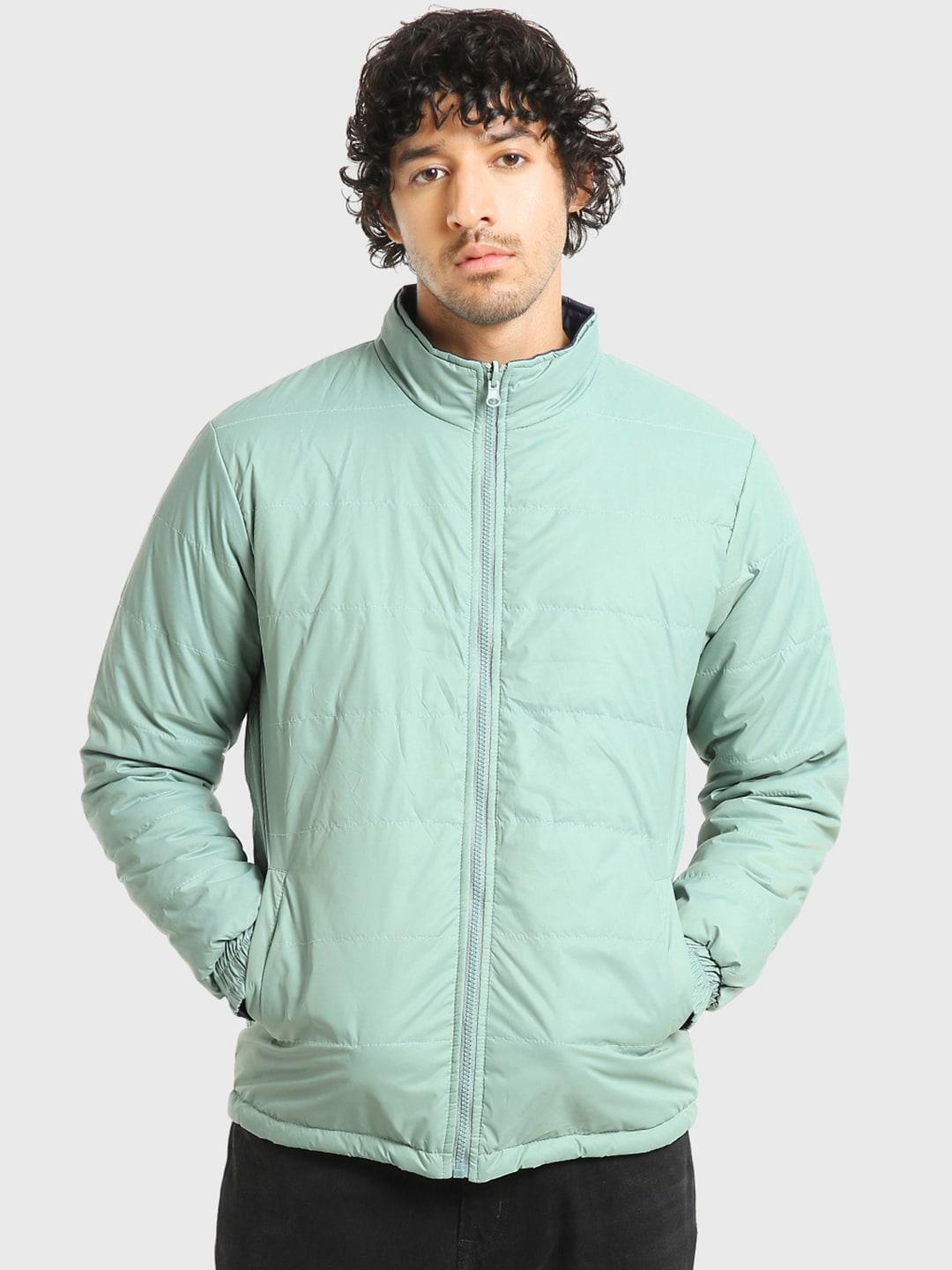 bewakoof men sea green & navy blue reversible puffer jacket