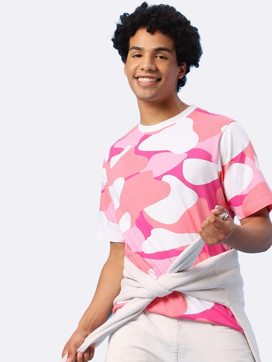 bewakoof men white & pink abstract printed t-shirt