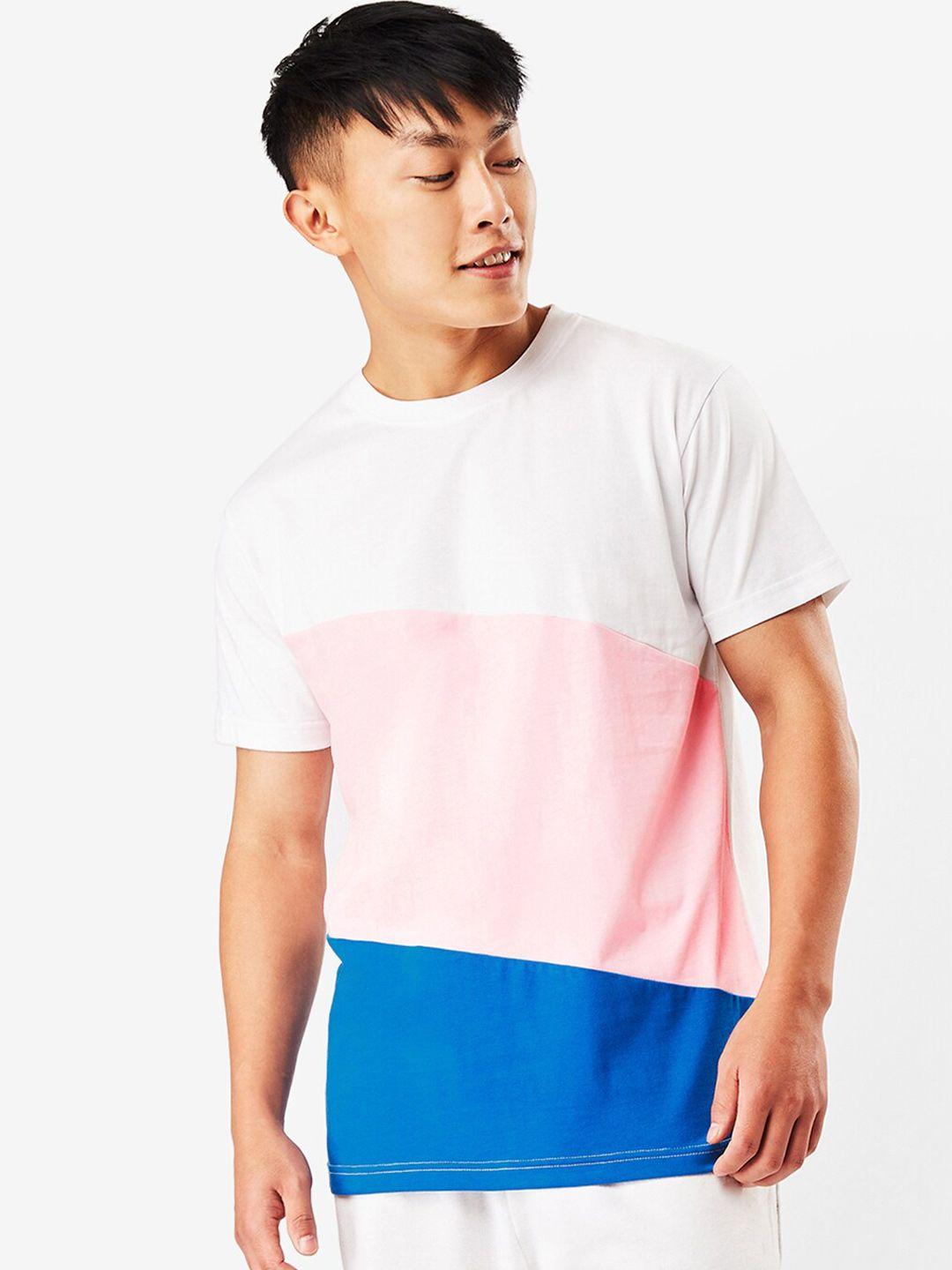 bewakoof men white & pink colourblocked t-shirt