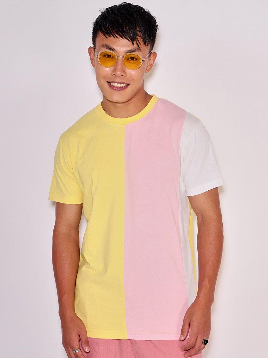 bewakoof men yellow & pink colourblocked t-shirt