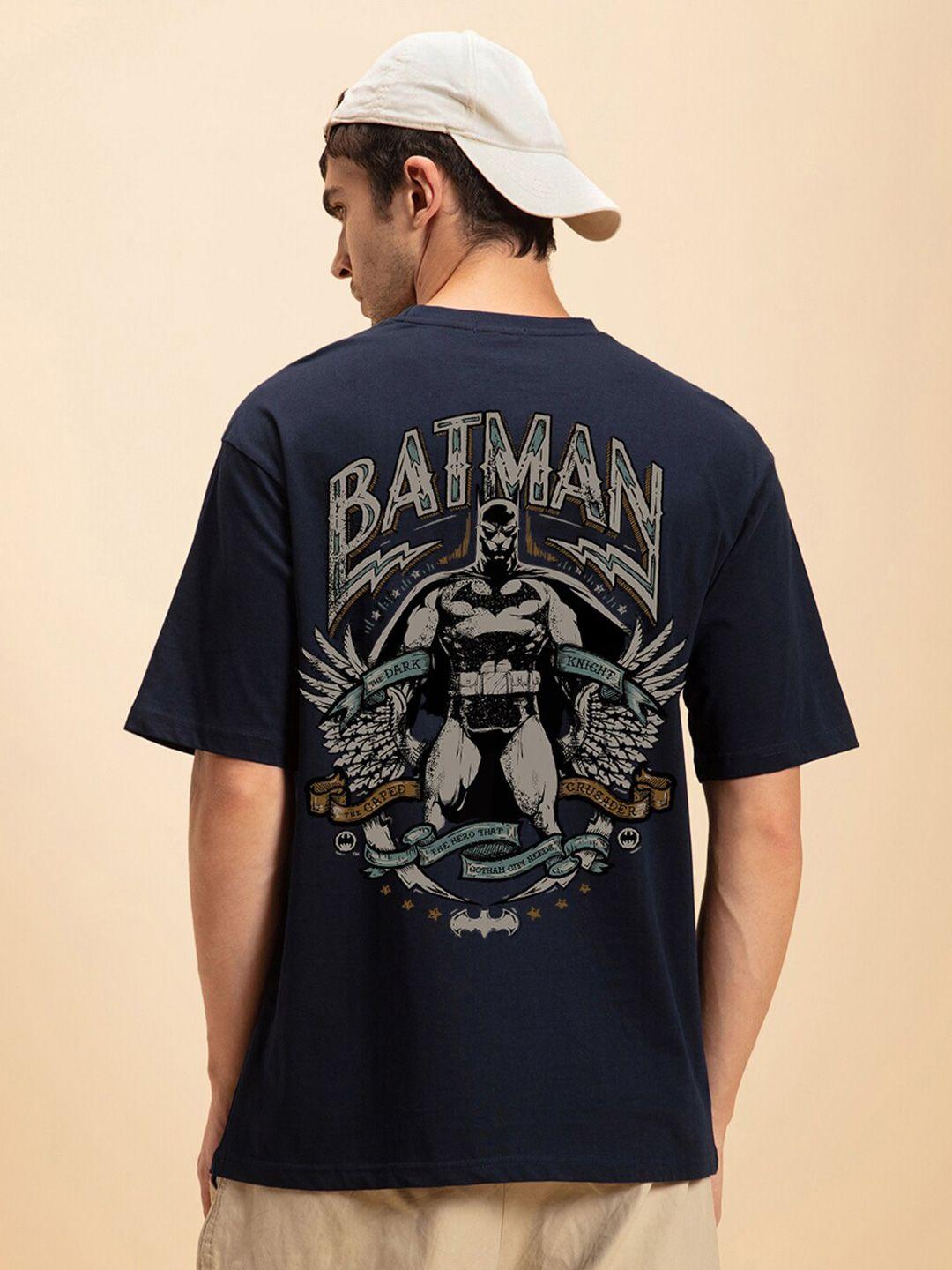 bewakoof navy blue batman printed drop shoulder sleeves pure cotton oversized t-shirt