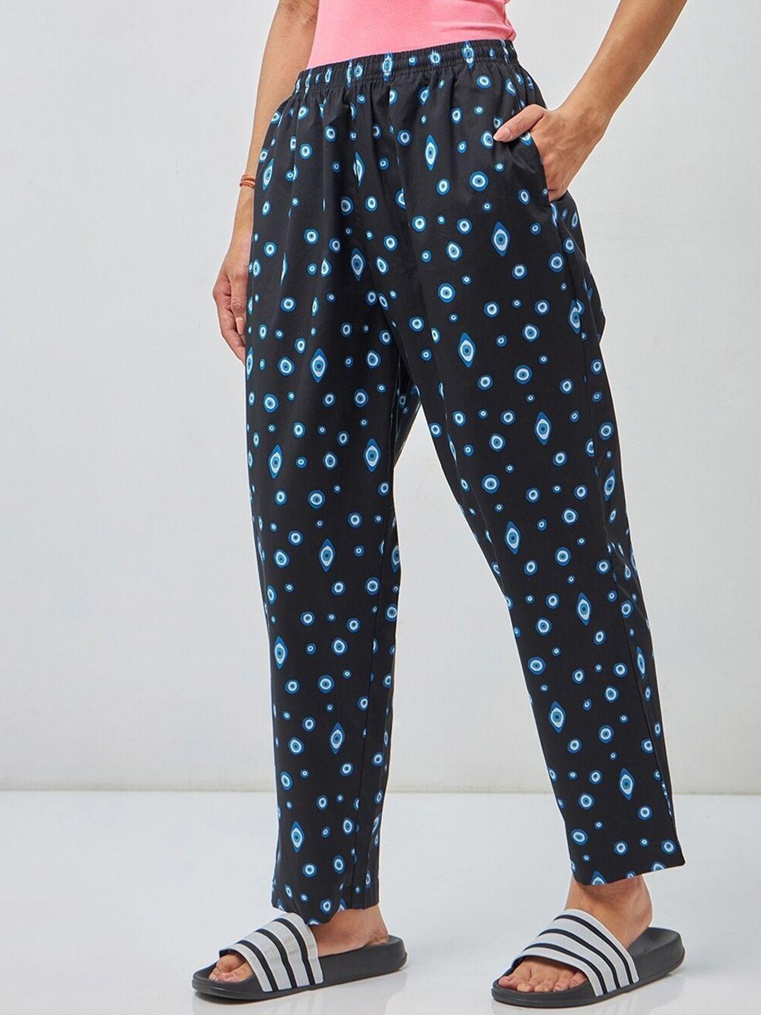 bewakoof navy blue printed pure cotton mid-rise lounge pant