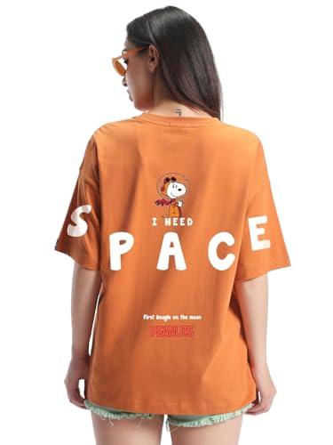 bewakoof official peanuts merchandise women's graphic print oversized fit half sleeve round neck cotton t-shirt_630653_orange_3xl