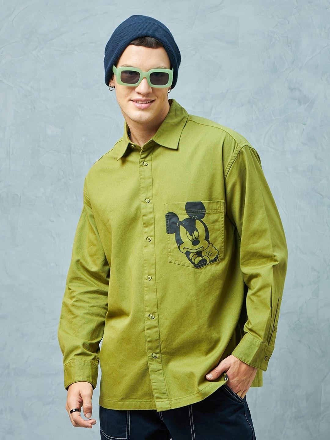 bewakoof olive typography printed cotton oversized casual shirt