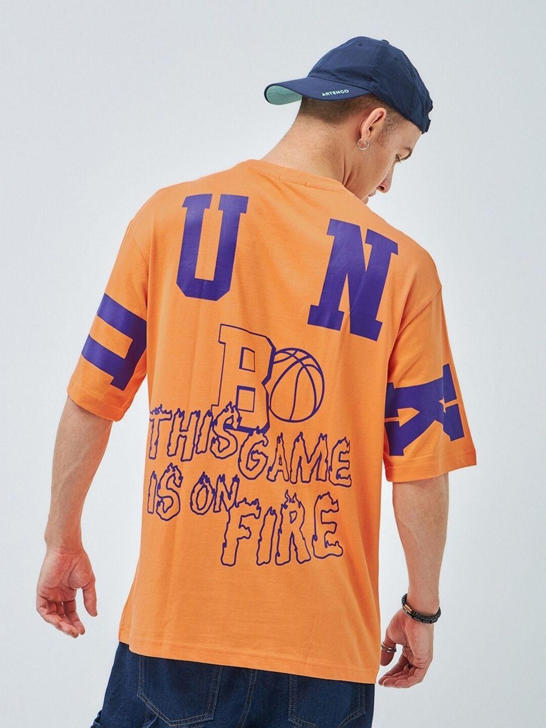 bewakoof orange dunk graphic printed drop shoulder sleeves oversized pure cotton t-shirt