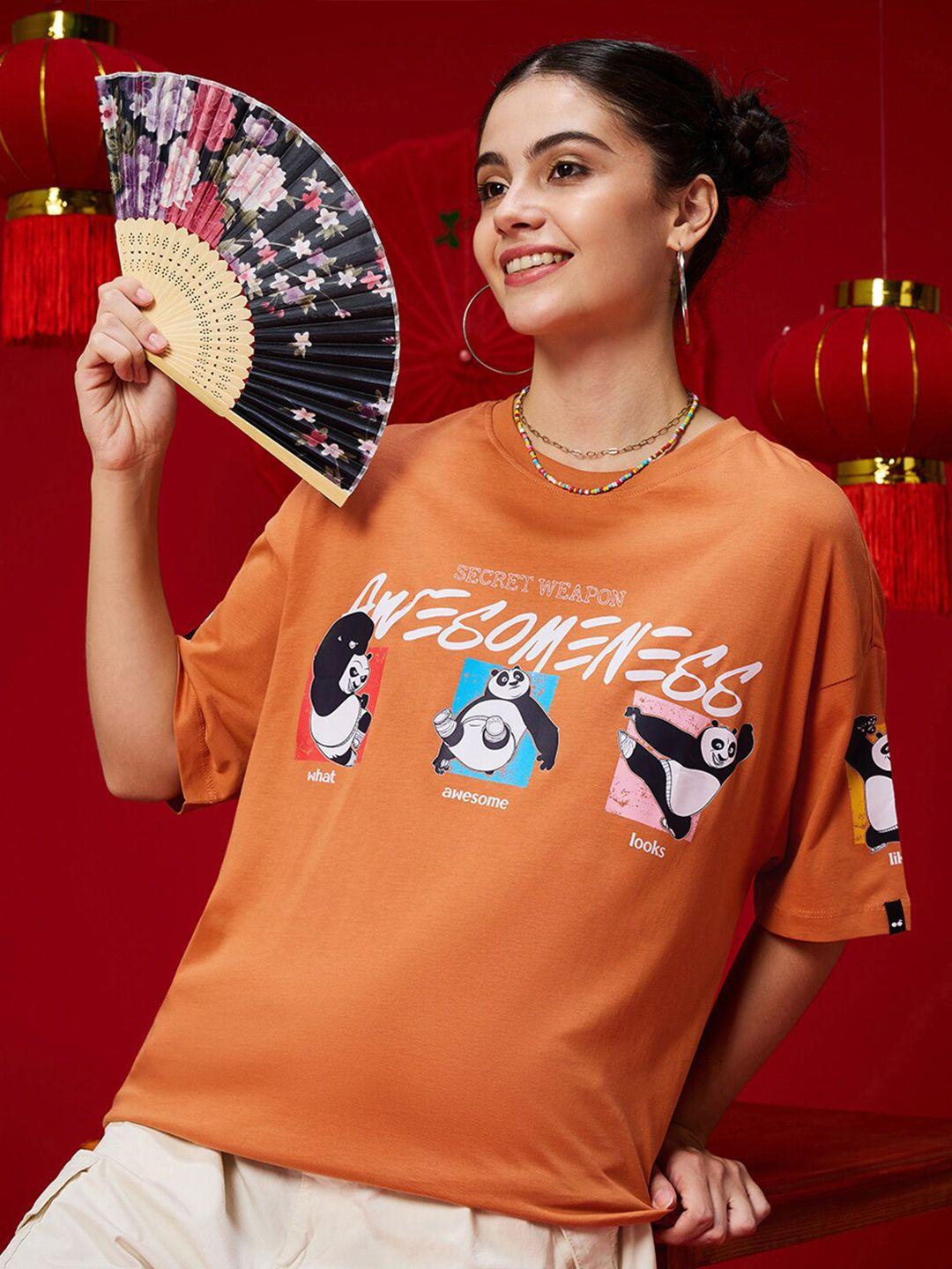 bewakoof orange kung fu panda printed drop-shoulder sleeves oversized cotton t-shirt