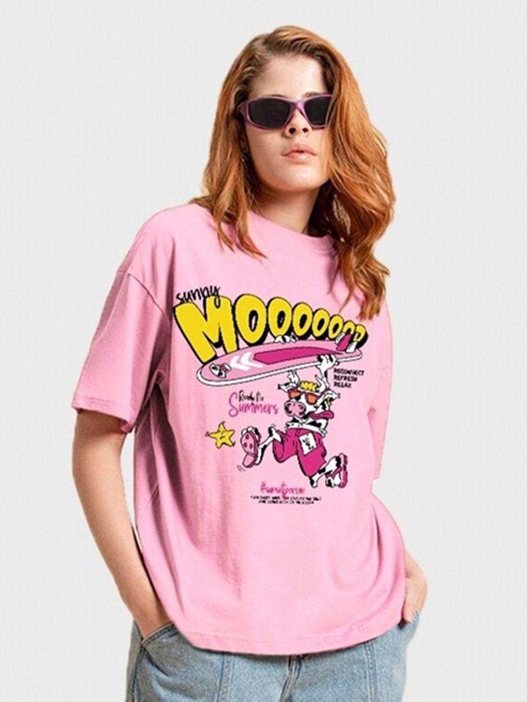 bewakoof pink pink sunny moooood printed oversized cotton t-shirt