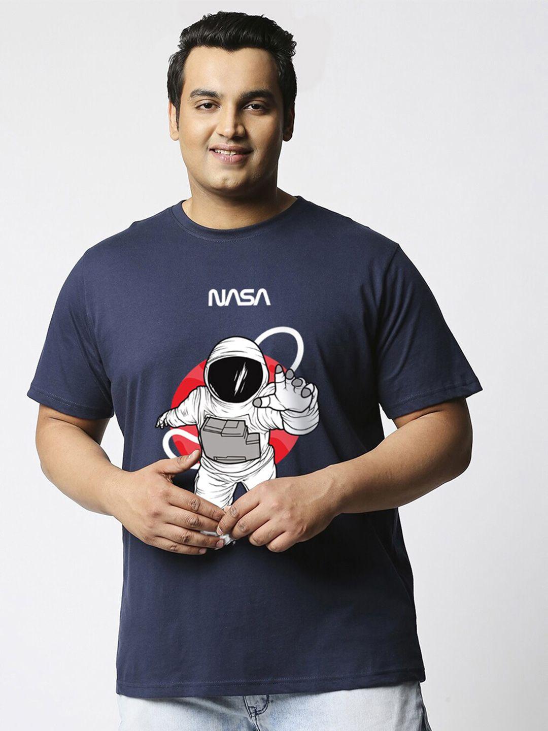 bewakoof plus size navy blue & white nasa printed cotton t-shirt