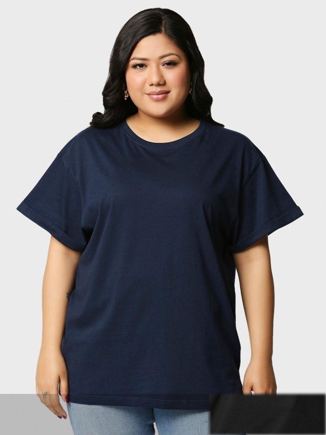 bewakoof plus women black & blue pack of 2 drop-shoulder sleeves pure cotton t-shirt