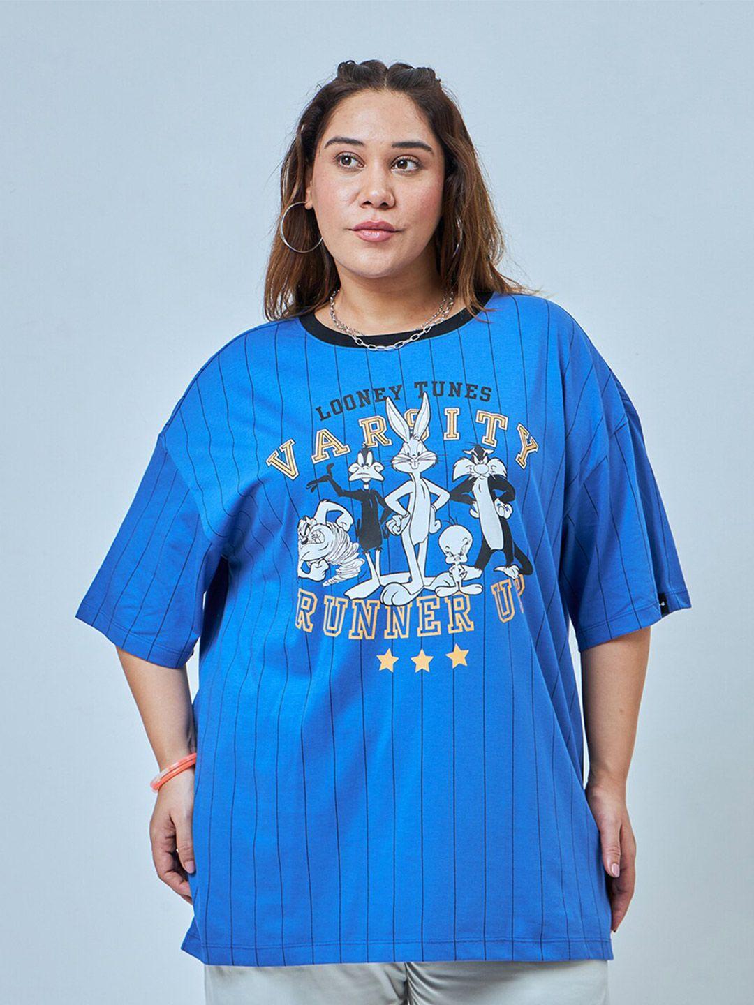 bewakoof plus women blue printed t-shirt