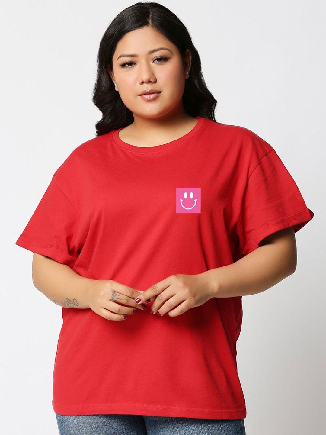 bewakoof plus women plus size red typography drop-shoulder sleeves pure cotton t-shirt