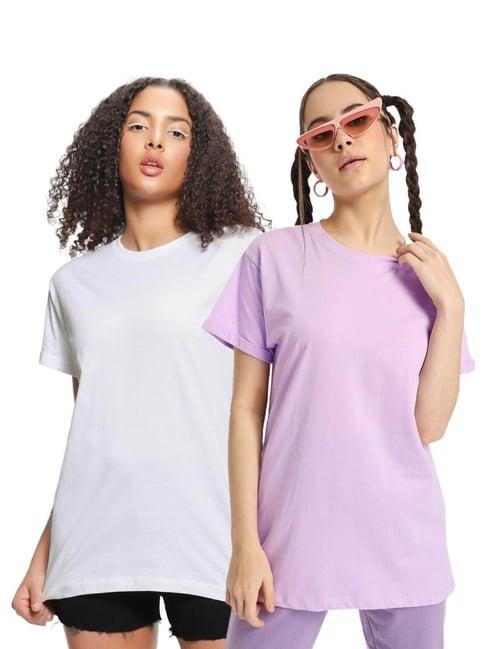 bewakoof purple & white cotton t-shirt - pack of 2