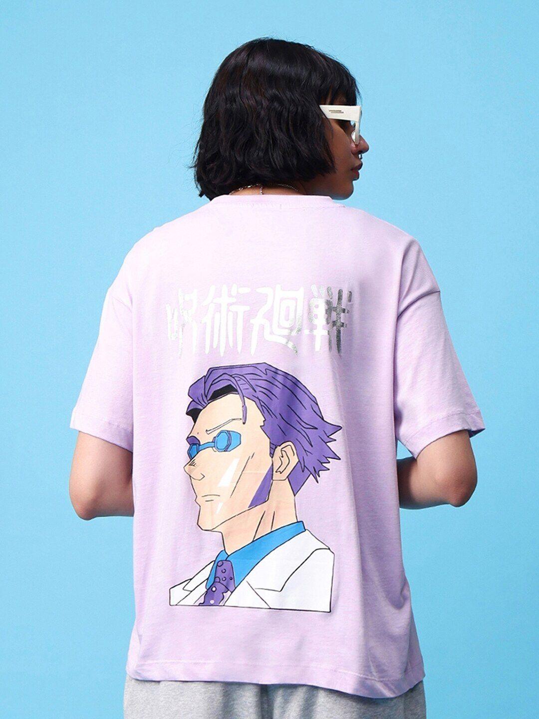 bewakoof purple & white kento nami printed pure cotton oversized t-shirt